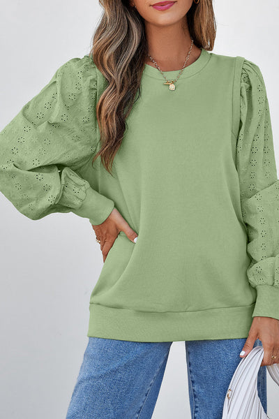 Casual Chic Women's Mist Green Solid Patchwork Sweatshirt - Long Sleeve Round Neck Top for Everyday Comfort