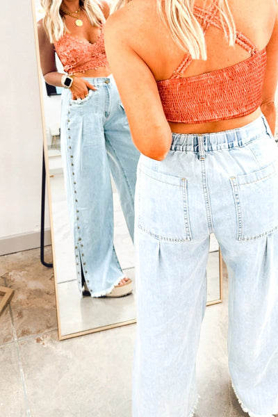 Trendy Women's Beau Blue Wide Leg Jeans with Studded Sides, Frayed Hem, and Functional Pockets for Chic Comfort