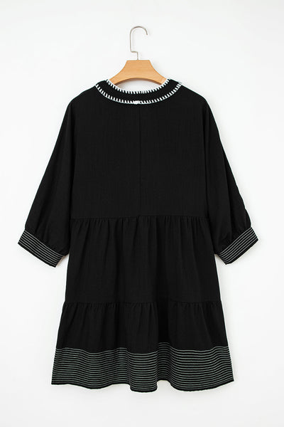 Women's Black Tiered Mini Dress with V-Neck and 3/4 Sleeves - Trendy, Comfortable Style for Every Occasion