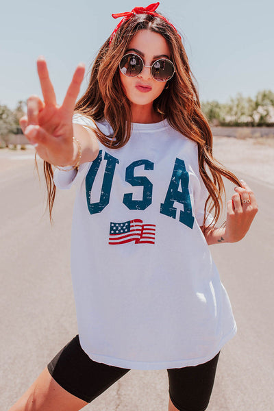 Patriotic Oversized White Tee with USA Flag Print