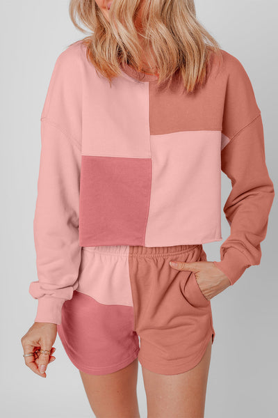 Women's Peach Colorblock Long Sleeve Shorts Set - Trendy Casual Summer Outfit for Comfort and Adventure