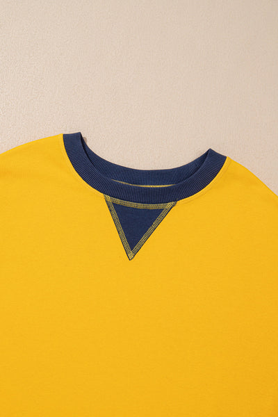Women's Yellow Color Block Sweatshirt with Thumbhole Sleeves and Drop Shoulder for a Stylish, Comfortable Fit