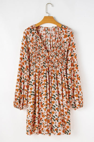 Women's Smocked Beige Floral Babydoll Dress with Bubble Sleeves