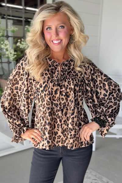Chic Women's Khaki Leopard Print Blouse with Long Puff Sleeves & Tie-Front Perfect for Trendy Everyday Style