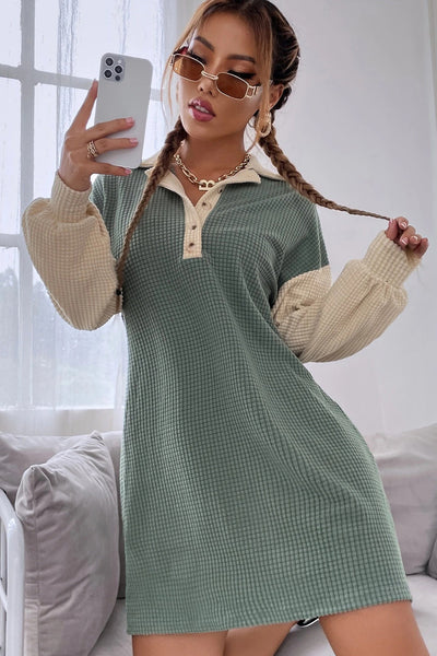Trendy Women's Long Sleeve Green Bay Color Block Mini Dress with Lattice Texture and Button Collar for Chic Style