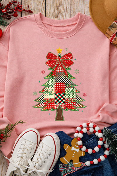 Women's Pink Patchwork Christmas Tree Drop Shoulder Sweatshirt