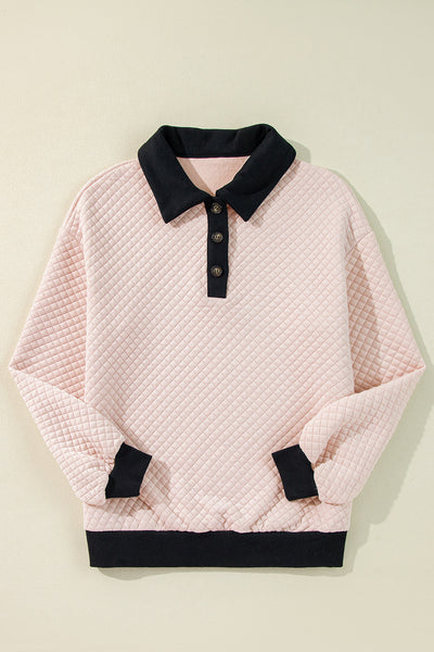 Cozy Women's Oatmeal Colorblock Sweatshirt with Buttoned Collar - Chic Fall Top for Effortless Casual Style