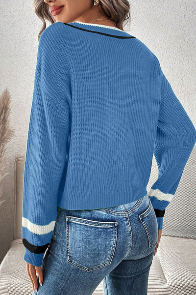 Cozy Women's Blue Striped V-Neck Sweater with Drop Shoulders - Chic Casual Style for Effortless Everyday Fashion