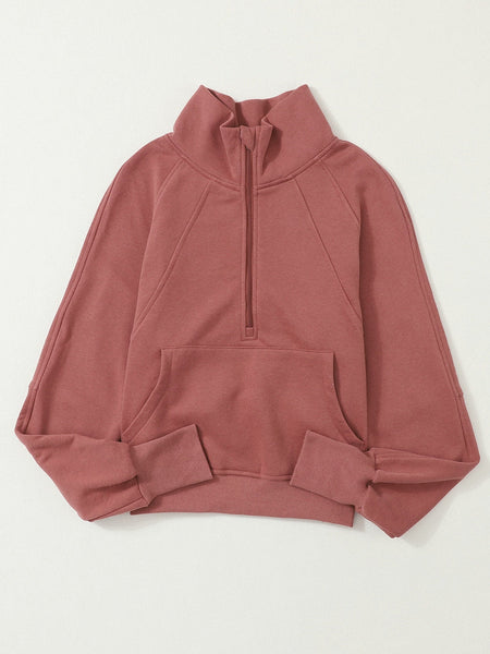 Cozy Brown Zip Up Sweatshirt with Stand Collar and Thumbhole Sleeves