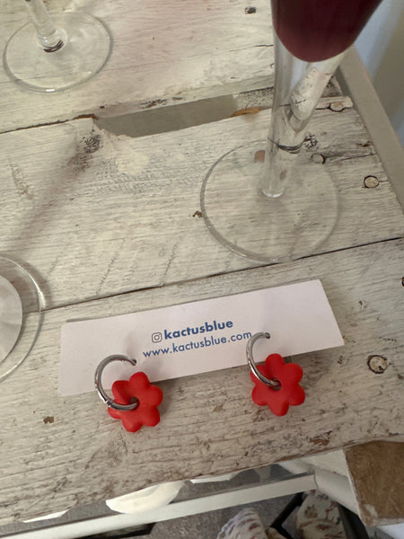 Kactus Blue Red Flower Handmade Clay Earrings