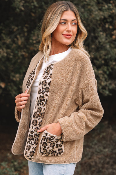 Women's Leopard Accent Camel Sherpa Jacket with Patch Pockets