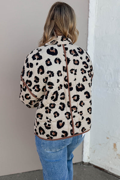 Khaki Leopard Print Quilted Jacket with Contrast Trim with practical styling and dependable silhouette control.