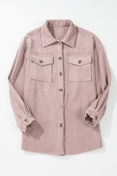 Trendy Women's Light Pink Corduroy Shacket with Flap Pockets and Button Closure - Stylish Layering Essential