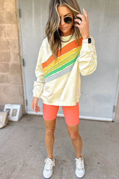 Women's Cozy Apricot Rainbow Colorblock Striped Pullover Sweatshirt - Casual Fit for Effortless Everyday Style