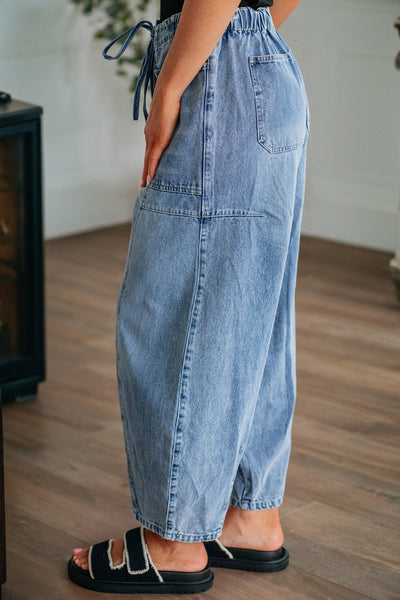 High-Waisted Cotton Blend Barrel Jeans in Medium Blue with practical styling and dependable silhouette control.