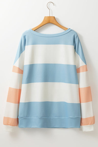 Women‚Äôs Casual Light Blue Colorblock Striped Long Sleeve Drop Shoulder Top - Effortless Chic for Everyday Style