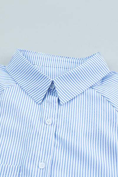 Women's Sky Blue Smocked Cuff Striped Boyfriend Shirt