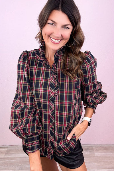 Trendy Women's Multicolored Plaid Puff Sleeve Blouse with Frill Collar - Chic Style for Fashionable Outfits