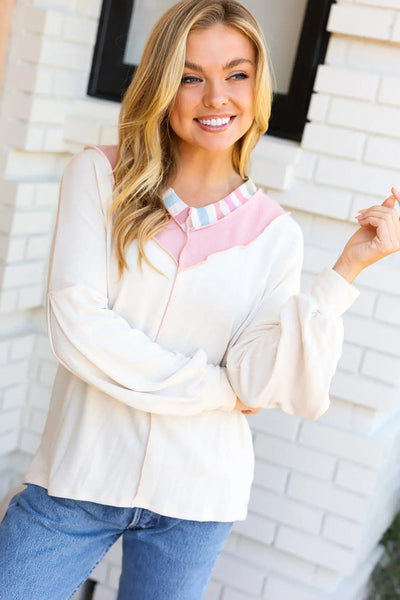 Chic Women's White Long Sleeve V-Neck Blouse with Rainbow Stripe Color Block and Trendy Loose Fit