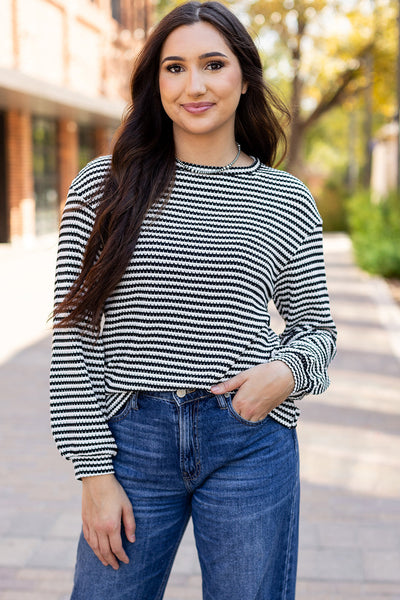 Stylish Women's Black Stripe Long Sleeve Top - Casual Round Neck, Drop Shoulder Design for Effortless Everyday Looks