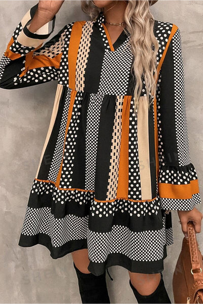 Chic Women's Black Striped Polka Dot Mini Dress with Ruffled Hem and V-Neck for Trendy Summer Style