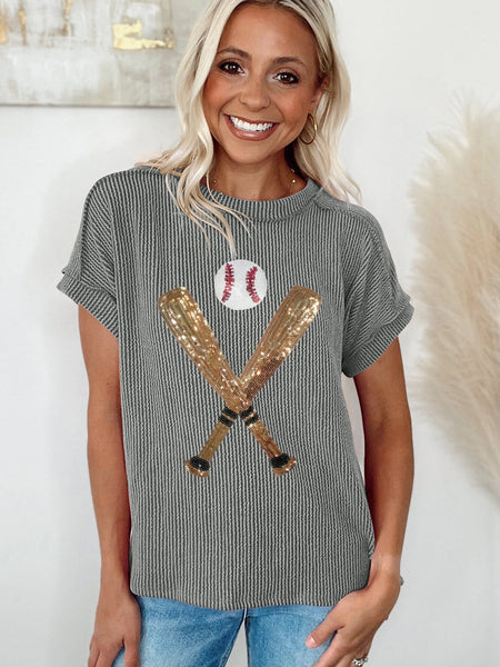 Sequin Embellished Grey Baseball Pattern Ribbed Knit Tee