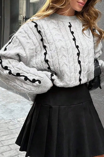 Cozy Light Grey Cable Knit Sweater for Women with Drop Shoulders & Contrast Details - Perfect Chic Fall Fashion