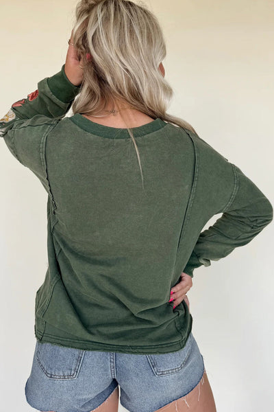 Women's Casual Mist Green Floral Embroidered Sweatshirt with Drop Shoulders and Raw Edge Detail