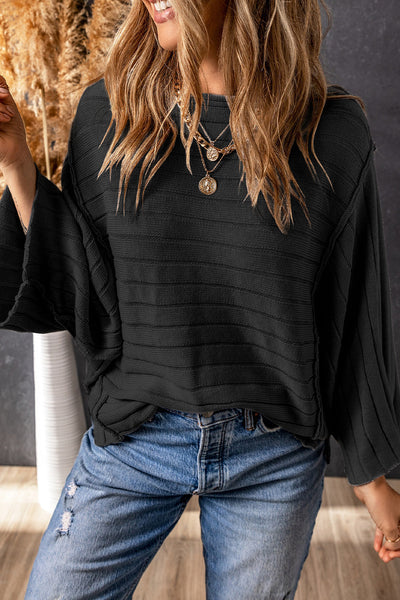 Stylish Women's Black Ribbed Dolman Top with Exposed Seams - Comfortable Everyday Wear for Effortless Chic