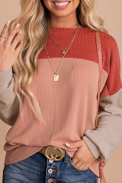 Women's Casual Fiery Red Color Block Long Sleeve Ribbed Top - Comfortable Loose Fit for Effortless Everyday Style
