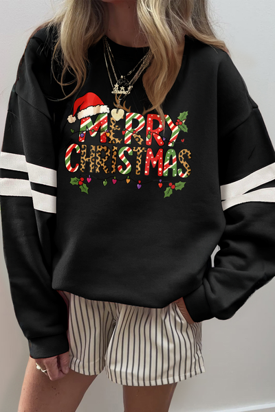 Women's Varsity Stripe Christmas Graphic Sweatshirt in Black