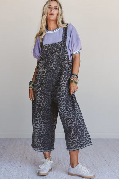 Stylish Women's Gray Leopard Print Denim Jumpsuit with Adjustable Straps - Relaxed Fit for Casual Chic Days