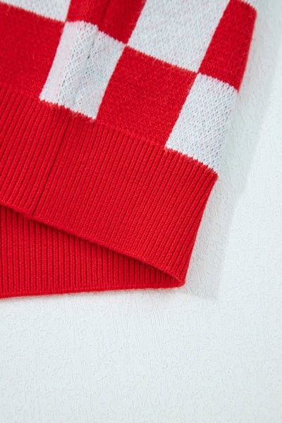 Cozy Women's Red Checkered V-Neck Cardigan Sweater for Festive Holiday Style and Comfort