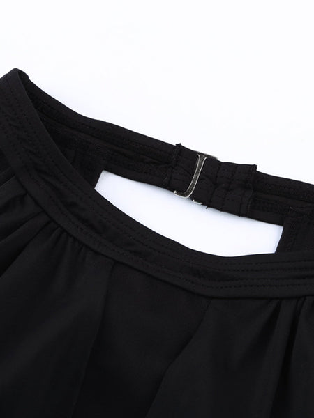 Women's Mesh Ruched Black High Neck Plunge Tankini Swimsuit