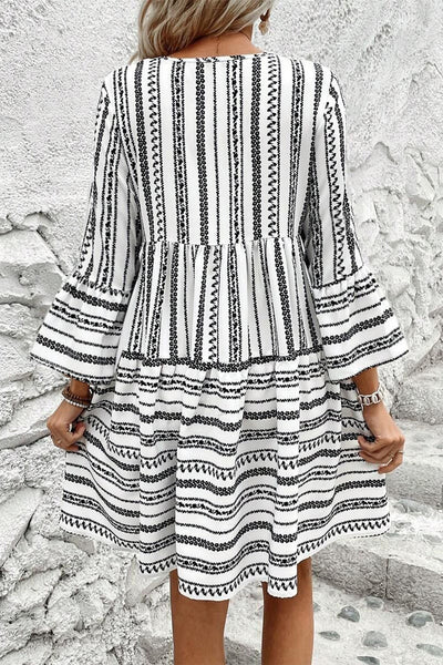 Elegant Women's Black Stripe V-Neck Mini Dress with Flattering Bell Sleeves and High Waist for Effortless Style