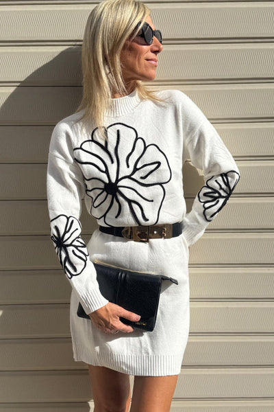 Chic Women's White Floral Embroidered Mini Dress with Mock Neck - Perfect Sweater Style for Spring & Summer Outings