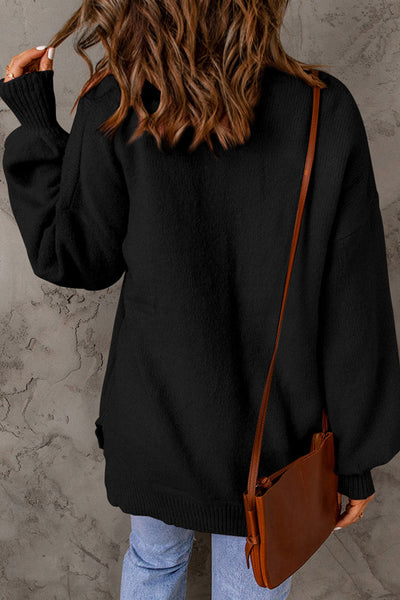 Cozy Women's Chic Black Puffy Sleeve Sweater with Pockets - Stylish, Versatile Fashion for All Seasons