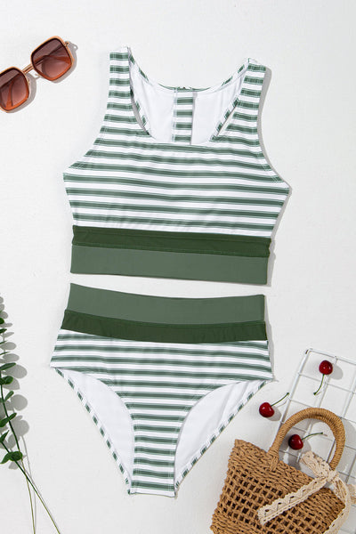 Striped Zip-Up Racerback High Waist Bikini Set in White