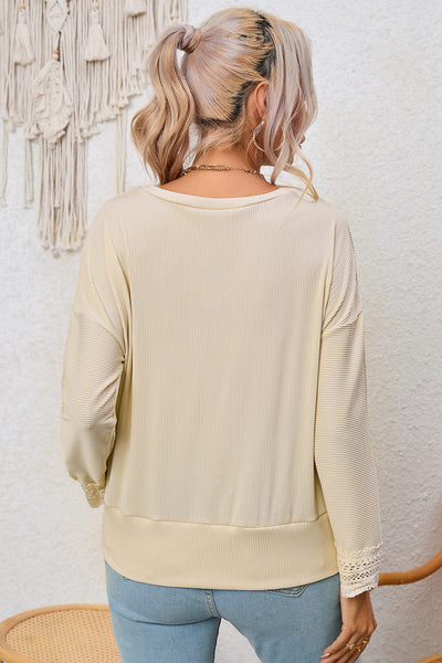 Women's Apricot Ribbed Long Sleeve V-Neck Top with Lace Trim - Chic, Comfortable Everyday Style for Effortless Looks