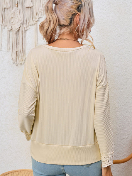 Women's Lace-Trimmed Ribbed V-Neck Blouse with Bell Sleeves