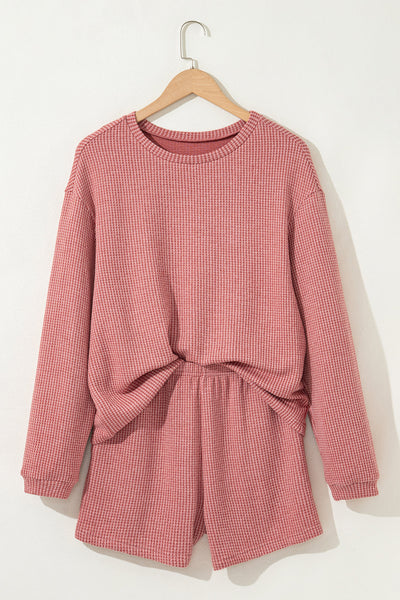 Mineral Red Textured Loose Pullover & Casual Shorts Set for Women Comfy Chic Loungewear for Relaxed Days
