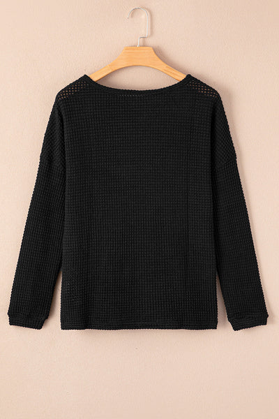 Cozy Women's Black Waffle Knit Long Sleeve Top with Drop Shoulders - Relaxed Casual Essential for Everyday Style