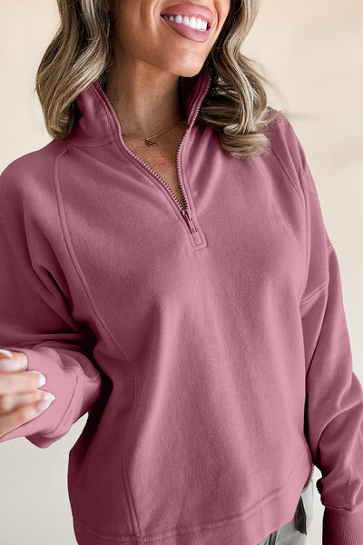 Cozy Fuchsia Women's Drop Shoulder Sweatshirt with Zipped Neck - Casual Everyday Style for Effortless Comfort
