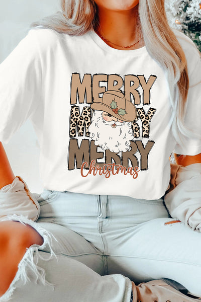 Women's Western Santa Graphic Tee: Leopard Print Merry Christmas