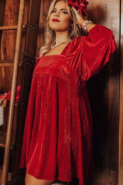 Chic Plus Size Mini Dress in Racing Red with Textured Velvet, Square Neck, and Trendy Bubble Sleeves for Women