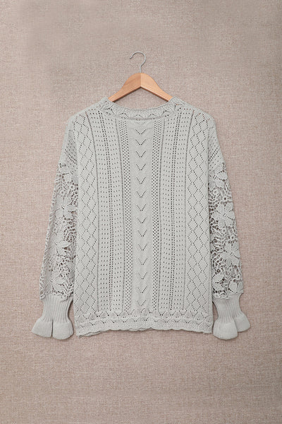 Women's Elegant Gray Crochet Lace Sweater - Cozy Long Sleeve Knit Top for Chic Fall Style and Comfort