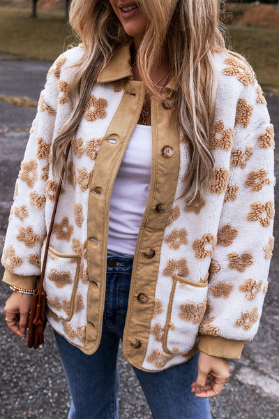 Women's Cozy Casual Light Beige Fleece Jacket with Floral Pattern and Button-Up Design for Effortless Style