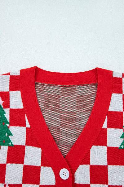 Cozy Women's Red Checkered V-Neck Cardigan Sweater for Festive Holiday Style and Comfort