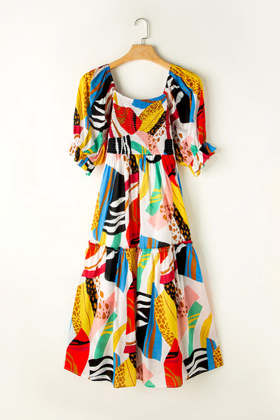 Deep V Neck Lantern Sleeves Slit Dress