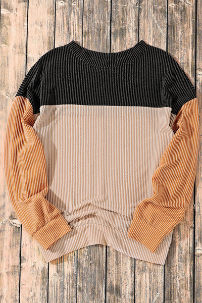 Stylish Women's Black Color Block Ribbed Long Sleeve Top - Relaxed Fit for Effortless Casual Comfort